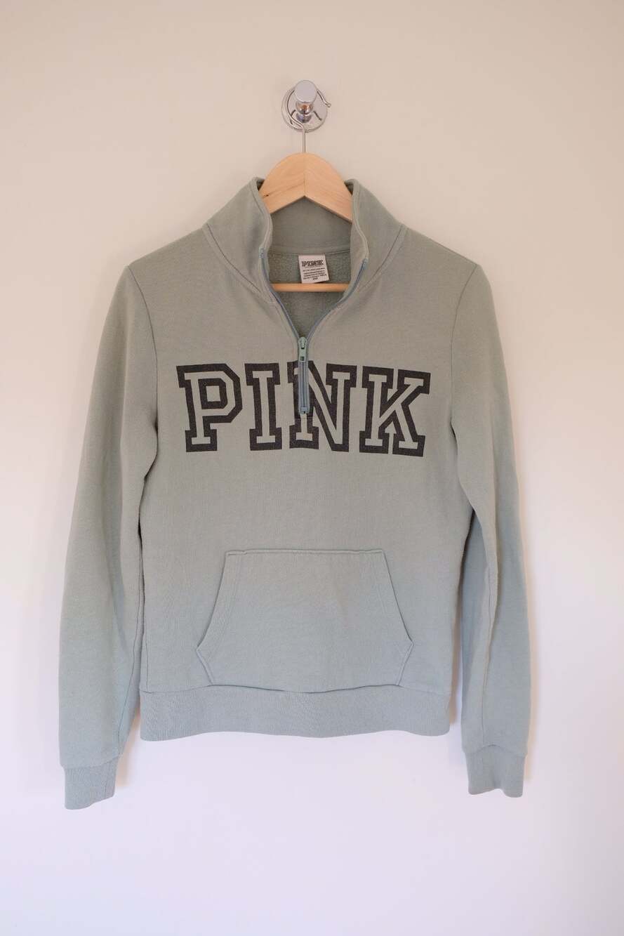 Victorias Secret PINK Quarter Zip Sweatshirt XS Sage Logo Pullover Fleece Y2K